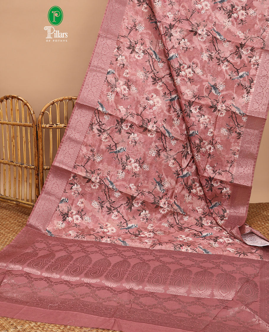 Peach floral, potta digital printed semi-dupion saree with zari weaving border & rich weaving pallu along with weaving blouse