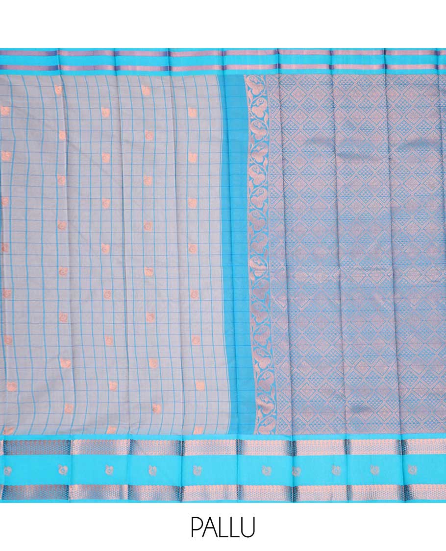 Grey checked, floral kora cotton saree with contrast zari design border & intricate zari design pallu