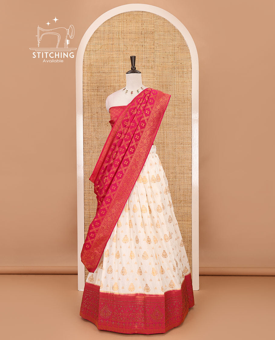 Cream georgette crepe halfsaree,zari buttas & traditional Swarovski stonework rani-pink border skirt, jacquard blouse & banarasi jacquard dhavani