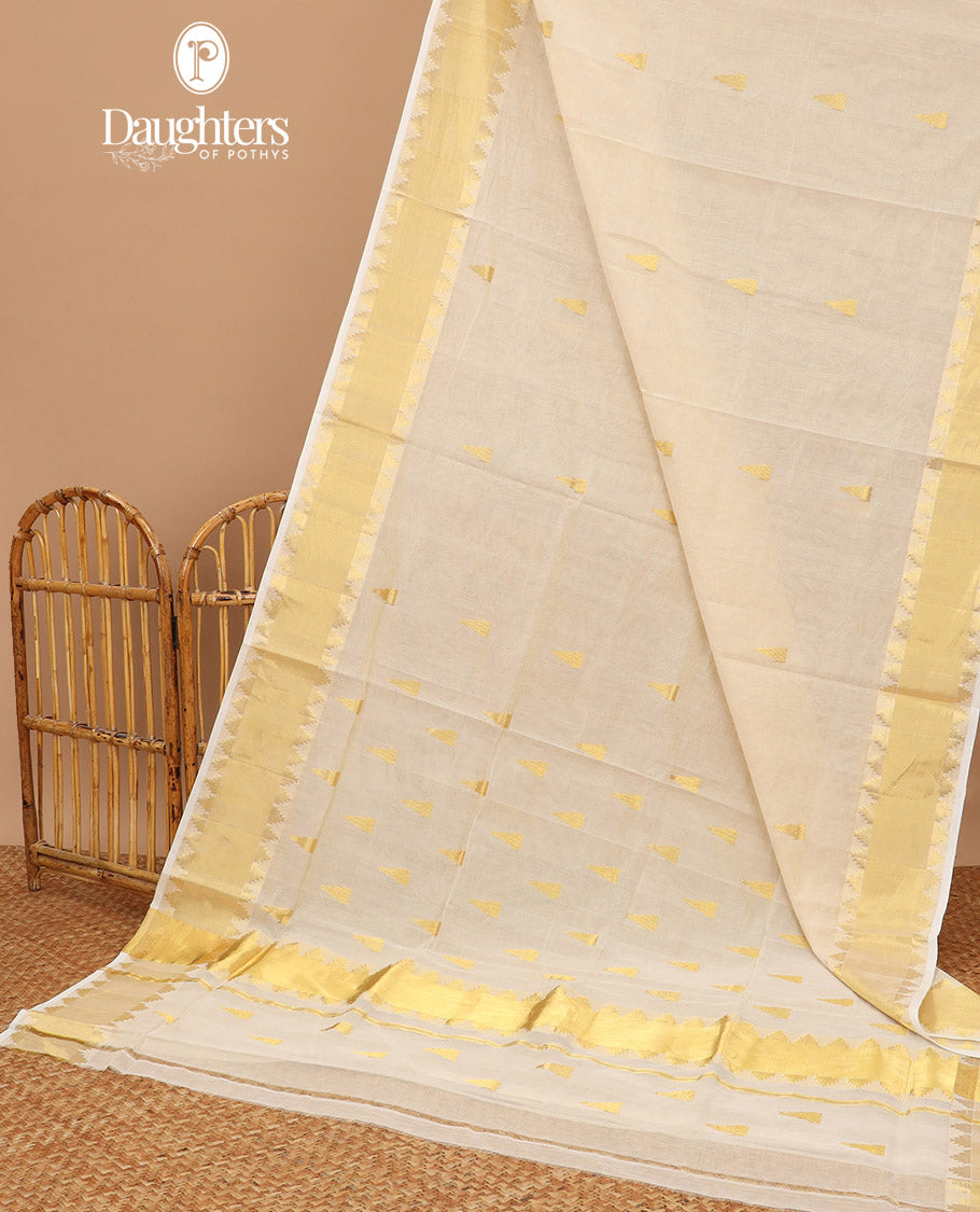 Cream triangle motifs kasavu saree with self temple border & temple design pallu