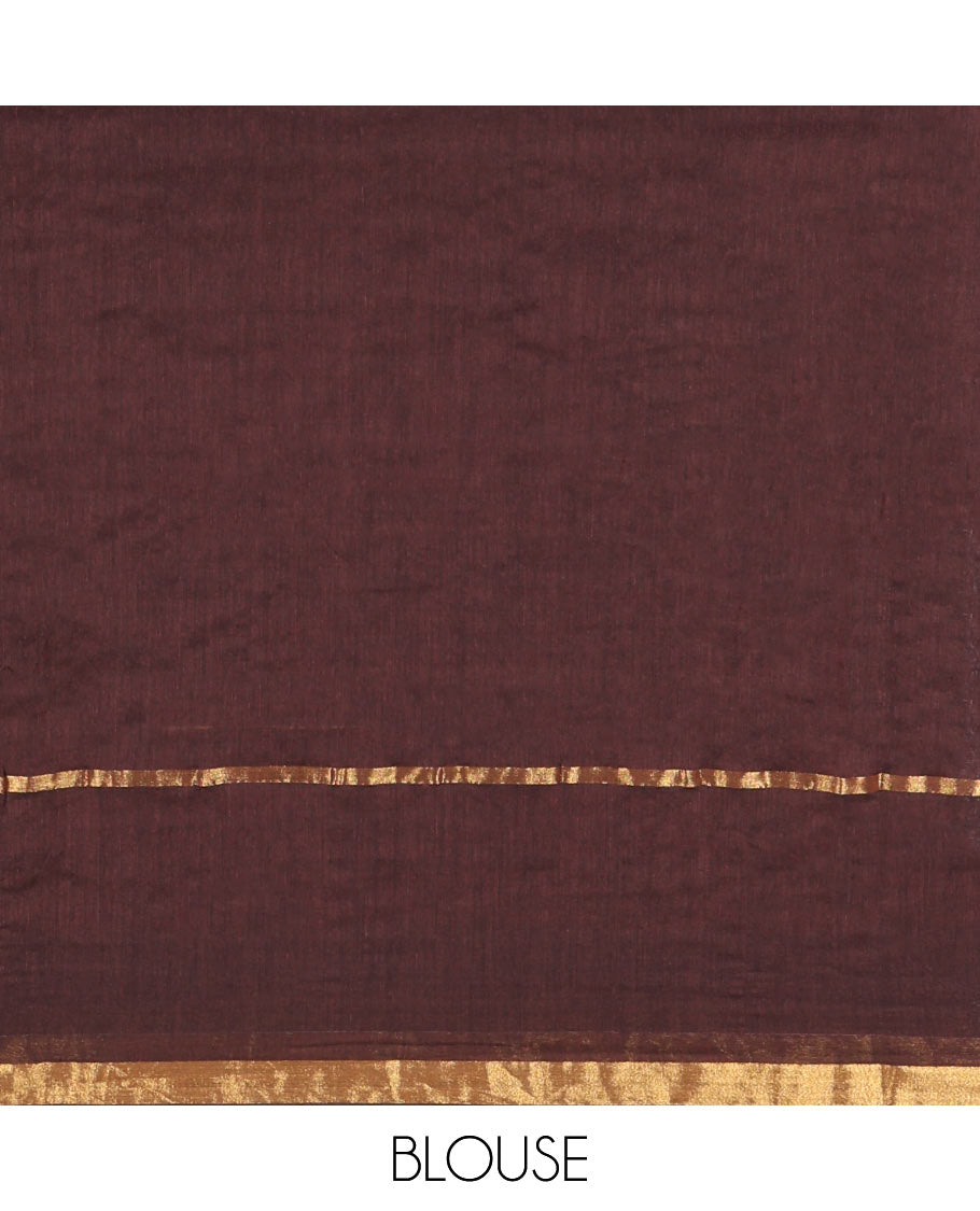 Brown Plain Khadi Mul Cotton Saree, Subtly Sparkled with Zari Border, Self-Pallu, and Paired with a Matching Blouse