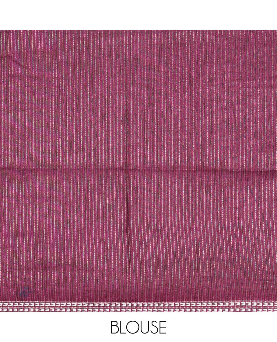 Purple plain fancy tussar saree, temple motifs woven thread border, striped pallu, and a matching blouse