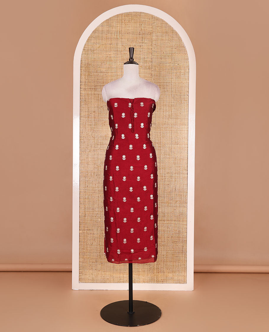 Magenta Vichitra silk material churidar set, floral motifs embroidered top, contrast Santoon bottom, and floral vine thread embroidered scallop dupatta