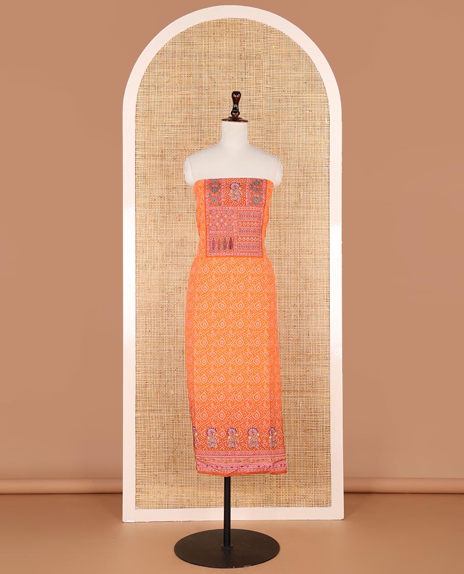 Orange bhandani print, floral design, swarovski work crepe chudidhar material top with american crepe pant & chinnon material bhandani print, swarovski work dupatta