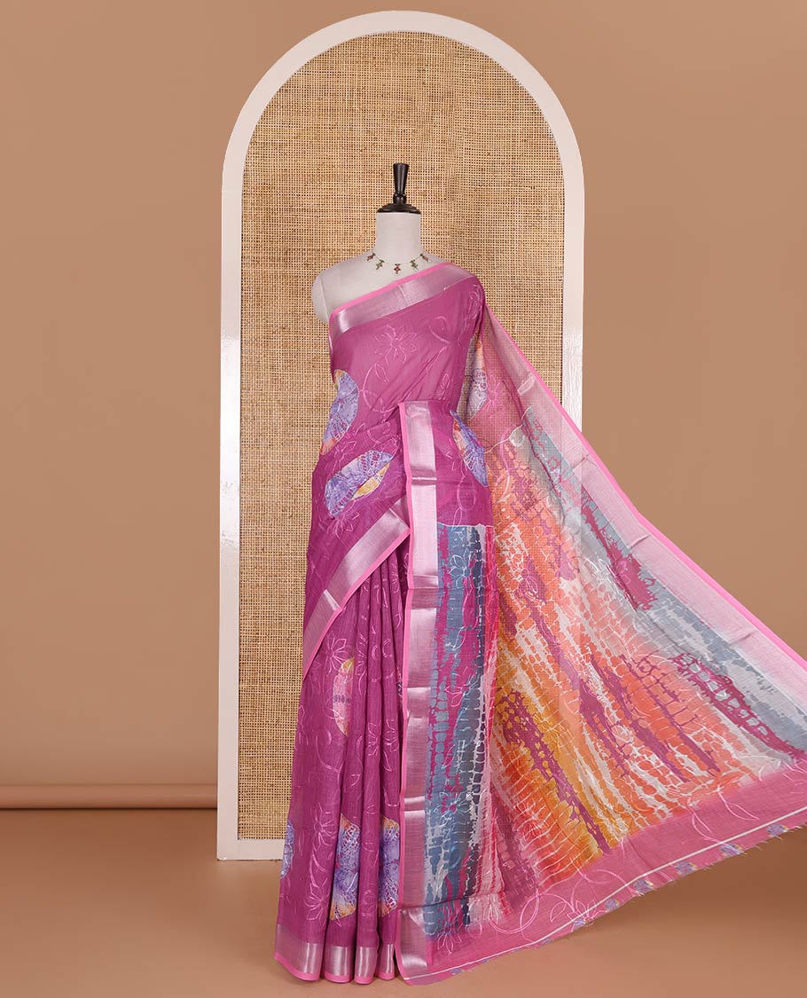 Magenta shibori printed with thread floral vine embroidered linen cotton saree, contrast bavanji border, pallu, and blouse of shibori print with embroidery