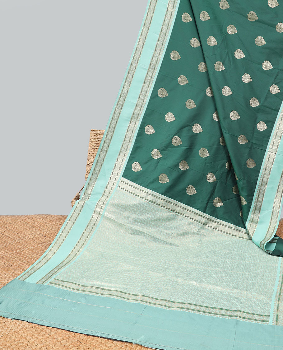 Bottle green leaf buttas semi-soft silk saree with contrast traditional zari designb order & argyle design pallu