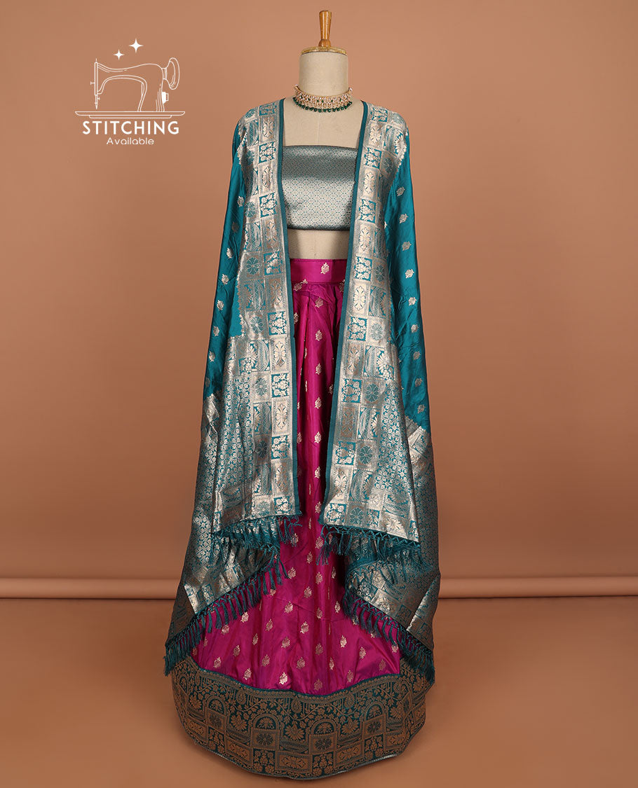 Pink buttas half sare with contrast zari border, zari design blouse & floral design dhavani