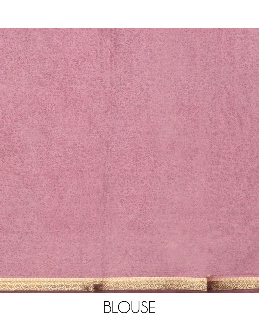 Pink intricate paisley vine semi-banaras printed saree, contrast zari border & intricate printed pallu