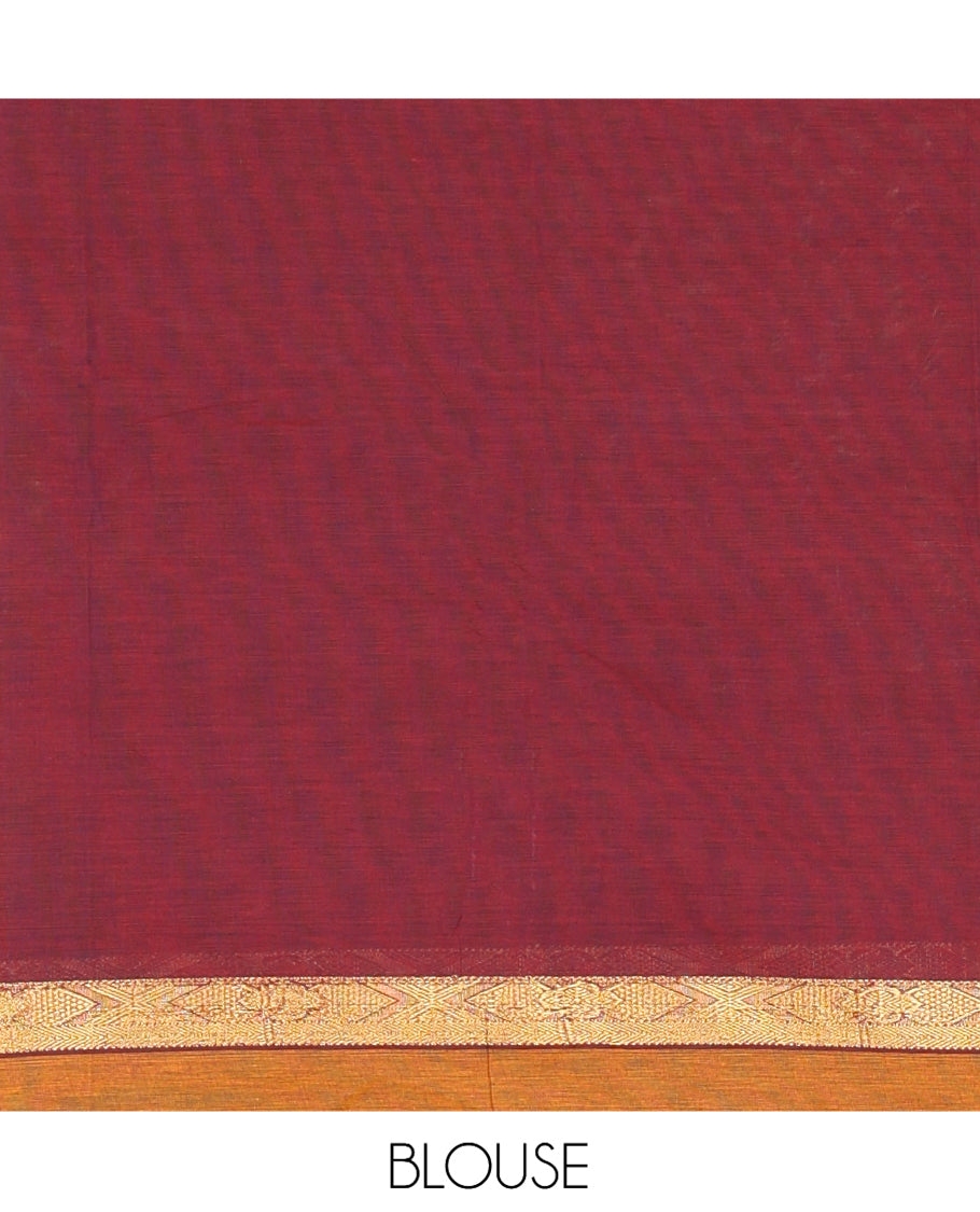 Red Plain Chettinad Cotton Saree, Contrast Ganga-Jamuna Border, Striped Pallu, and a Matching Blouse