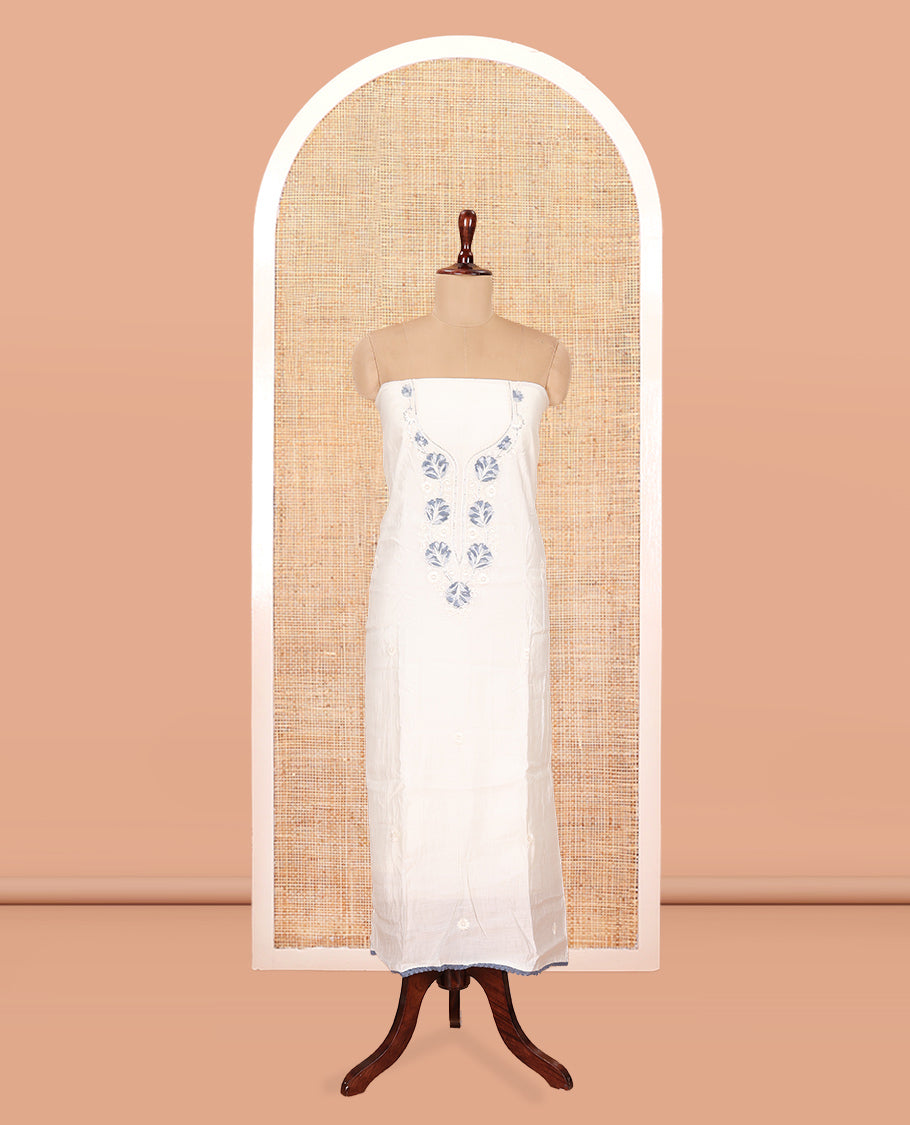 Cream Mul Chanderi Material Chudidar Features Neck Work Top, a Matching Bottom, Embroidered Scallop Dupatta