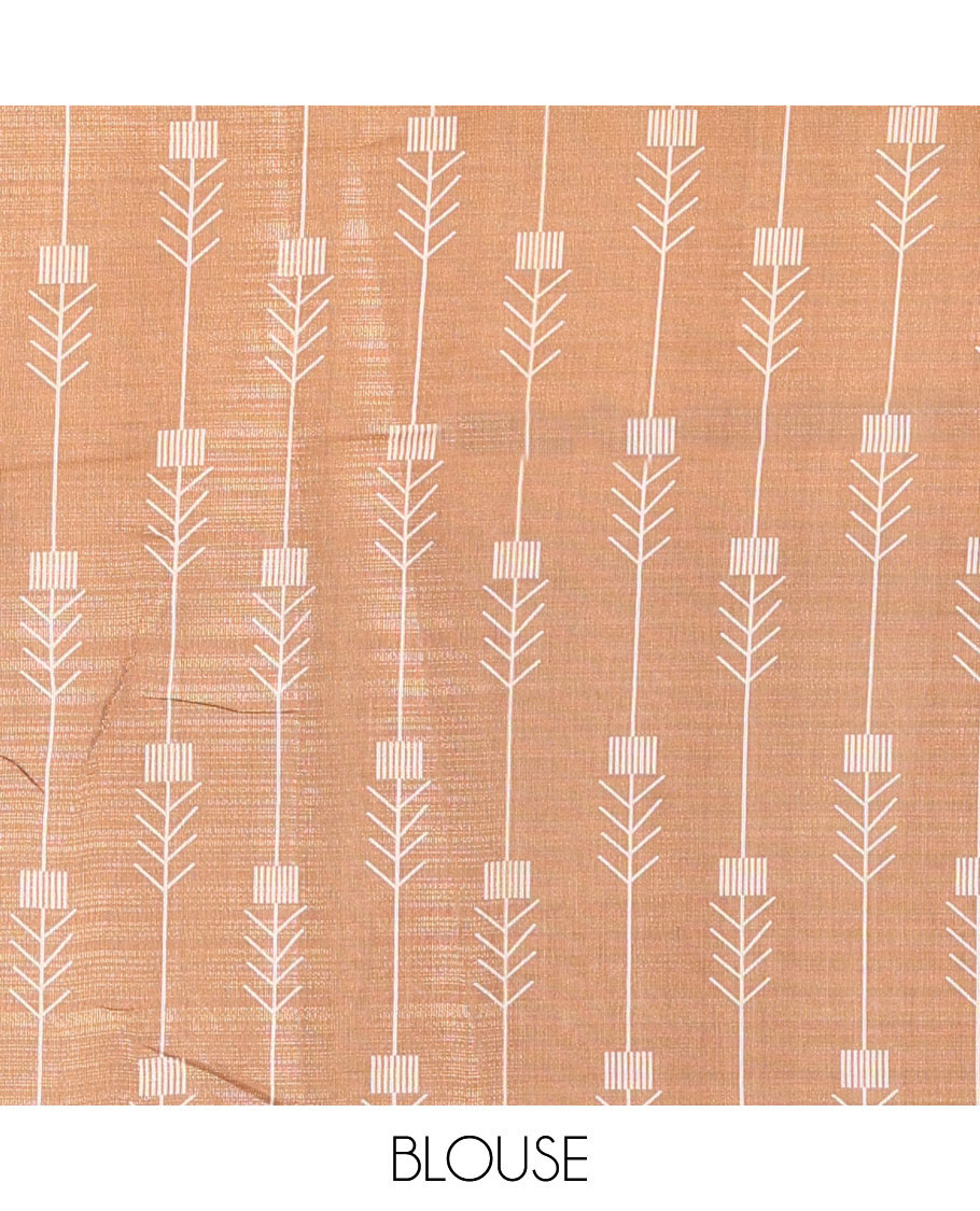 Dark Grey Tissue Saree, Entralled with Horizontal Stripes and Unique Motifs Printed All Over Its Body, Complemented by Contrast Printed Border, Pallu Depicts Geometric Patterns, and Paired with a Contrast Geometric Printed Blouse