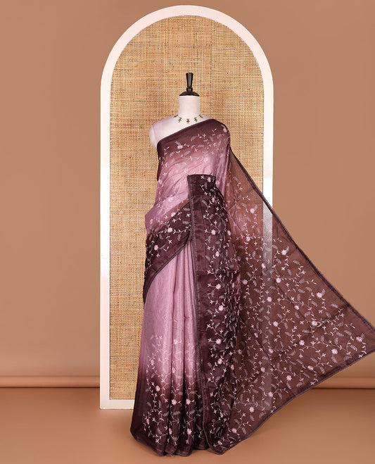 Peach-brown floral vine chickankari embroidered kota chex saree, lace border, floral vine chickankari embroidered pallu, and contrast plain blouse