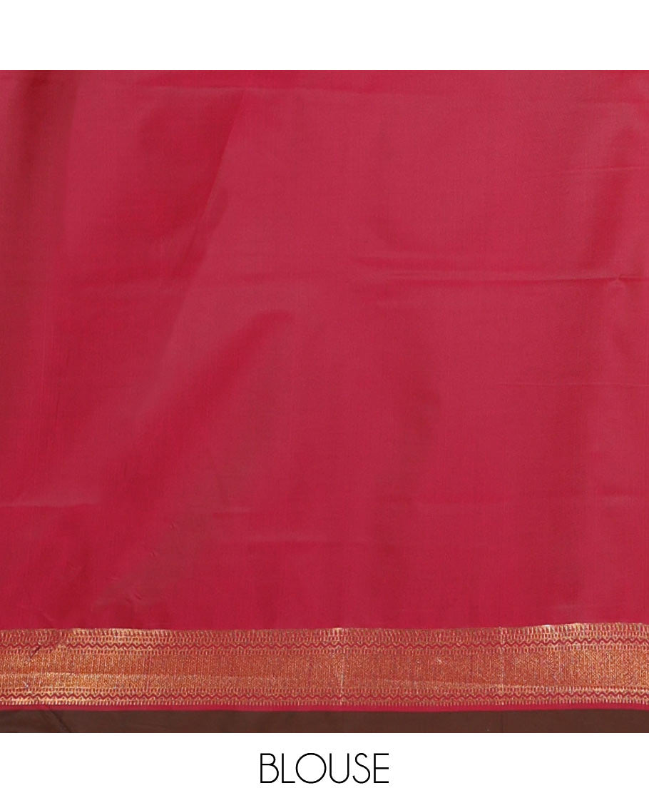 Brown zari buttas semi-soft silk saree, contrast rettai pettu traditional zari border & grand ogee patterned pallu
