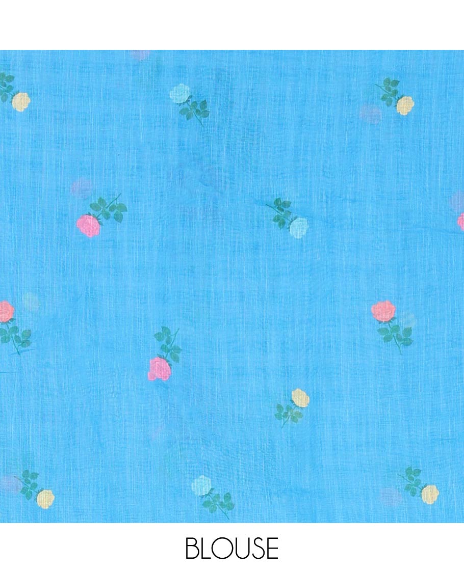 Borderless blue linen Cotton Saree, Graced with Rose Floral Buttas and Checked Design on Its Body, Pallu Pictures a Beautiful Rose Floral Motifs, and Paired with a Matching Blouse