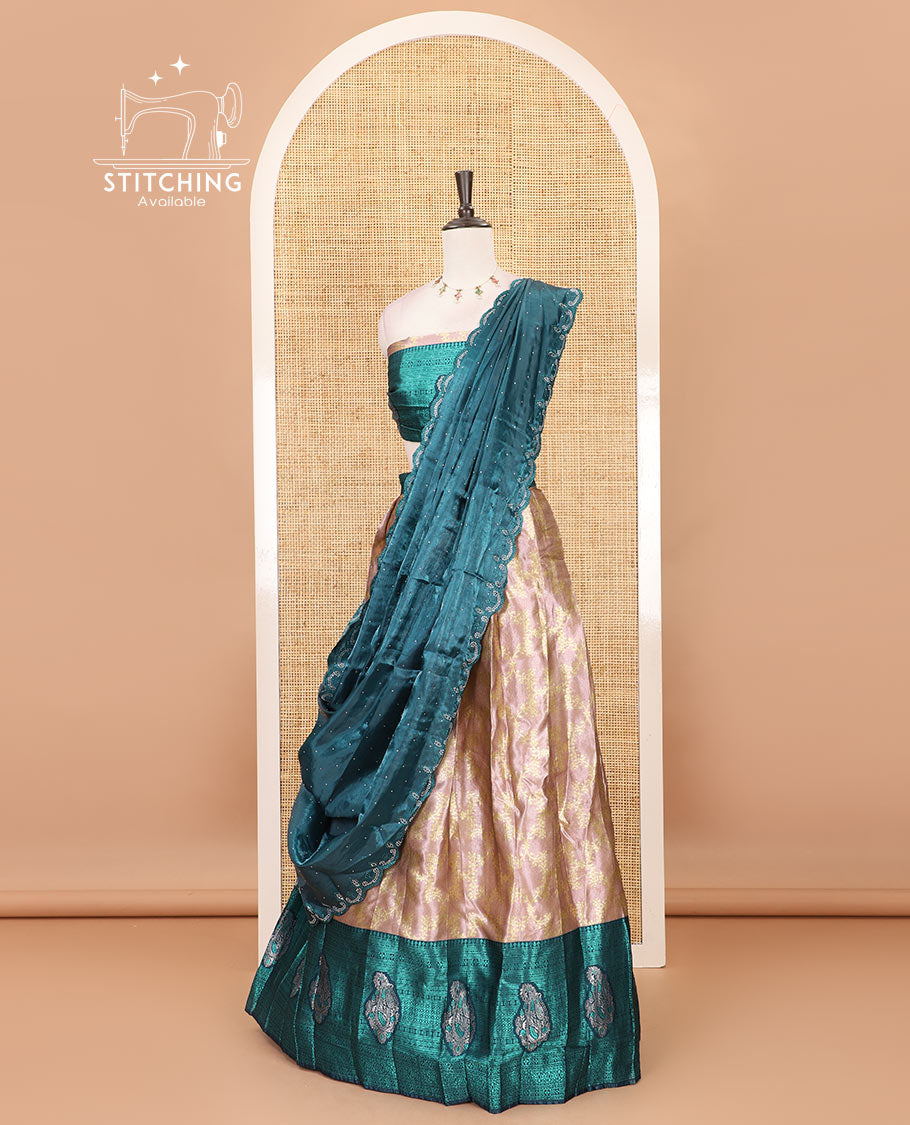 Peach-peacock half-saree, floral jaal jacquard banarasi skirt, contrast traditional zari stone work border, matching blouse, and contrast scallop embroidered velvet organza dhavani