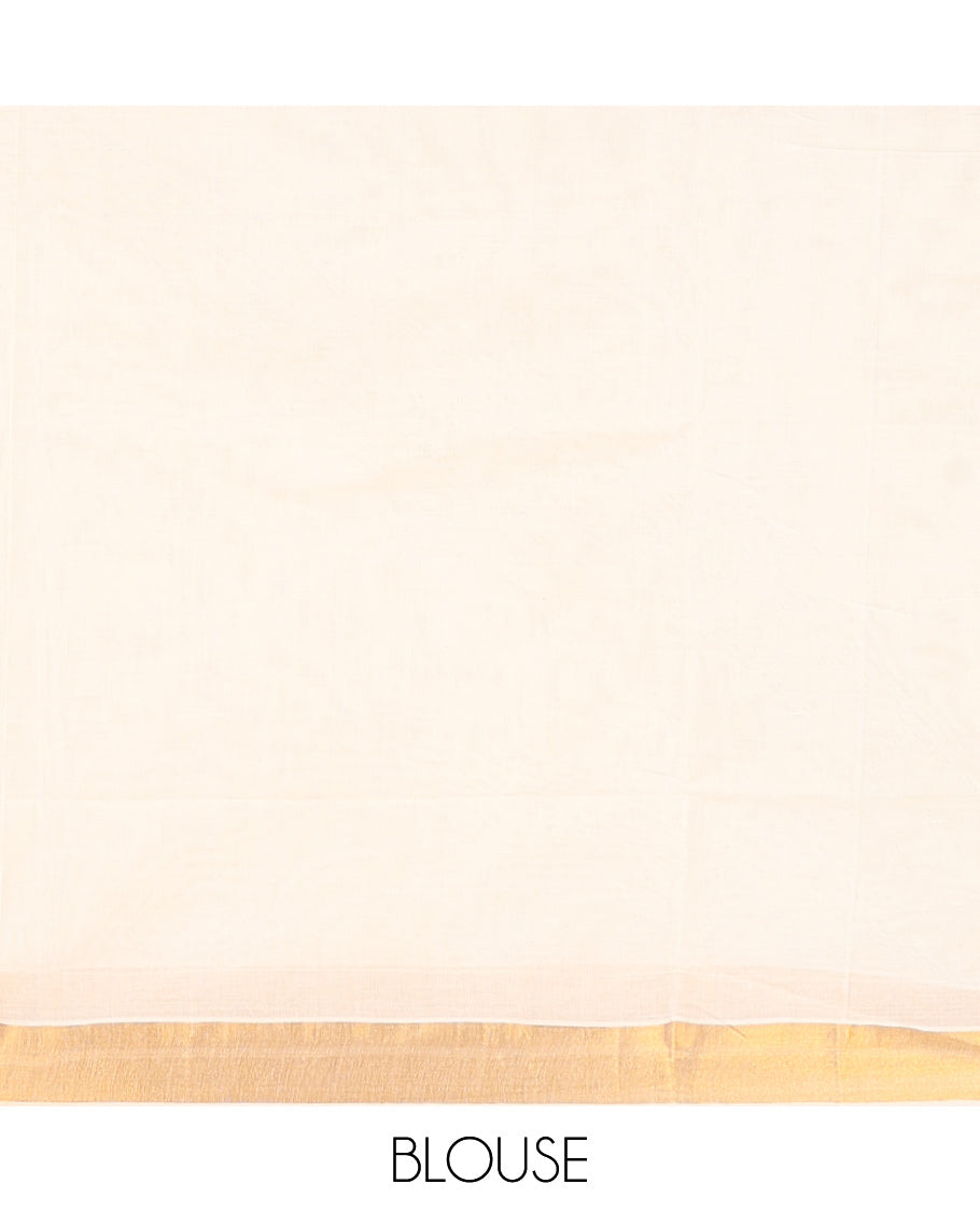 Cream Kerala Saree, Ornamented with Zari Buttas on Its Body, Subtly Sparkled Bavanji Border, Pallu Woven in Zari Peacock Designs, and Paired with a Matching Blouse