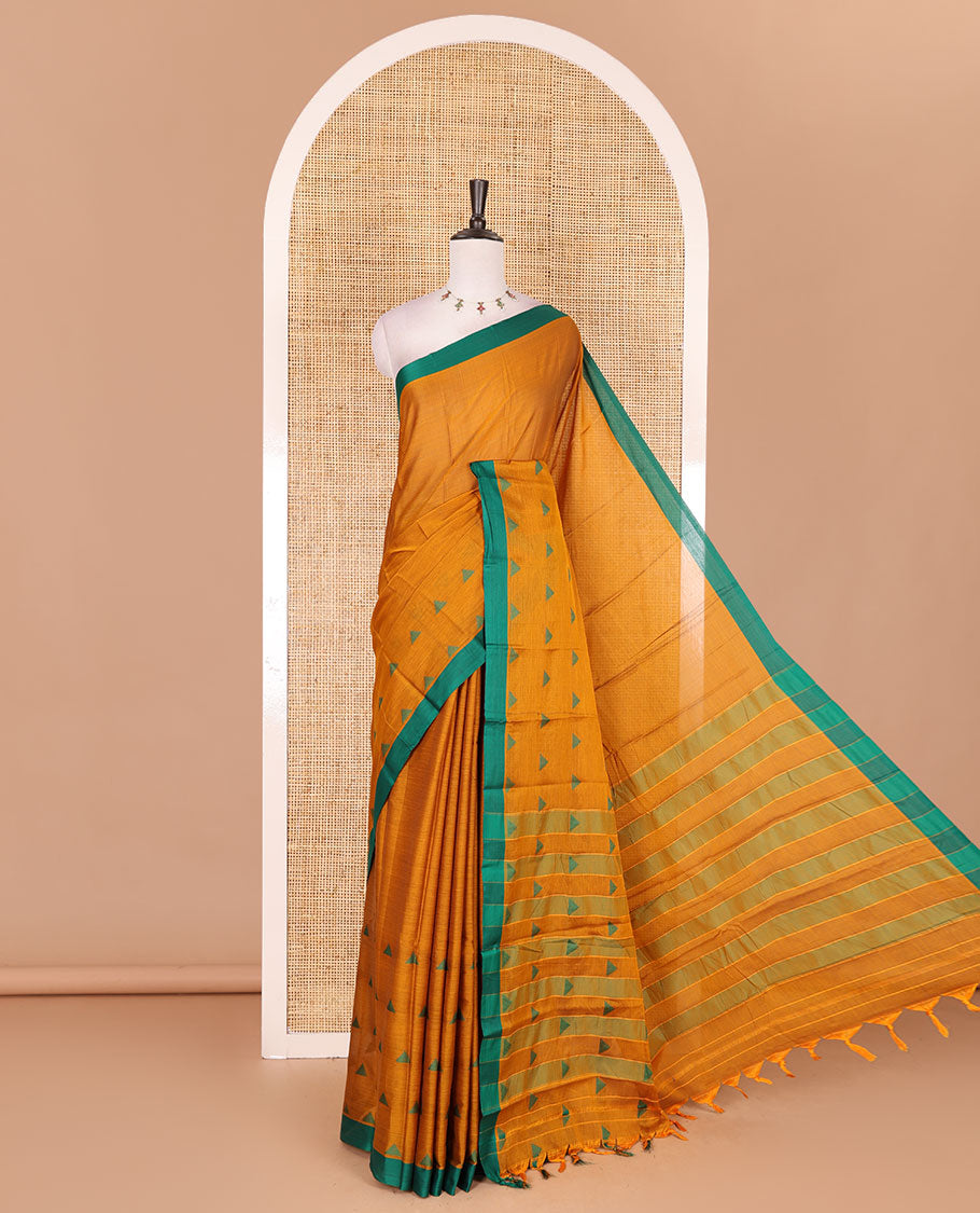 Mustard triangle motifs mercerised cotton saree, contrast plain border, striped pallu, and matching triangle motifs blouse