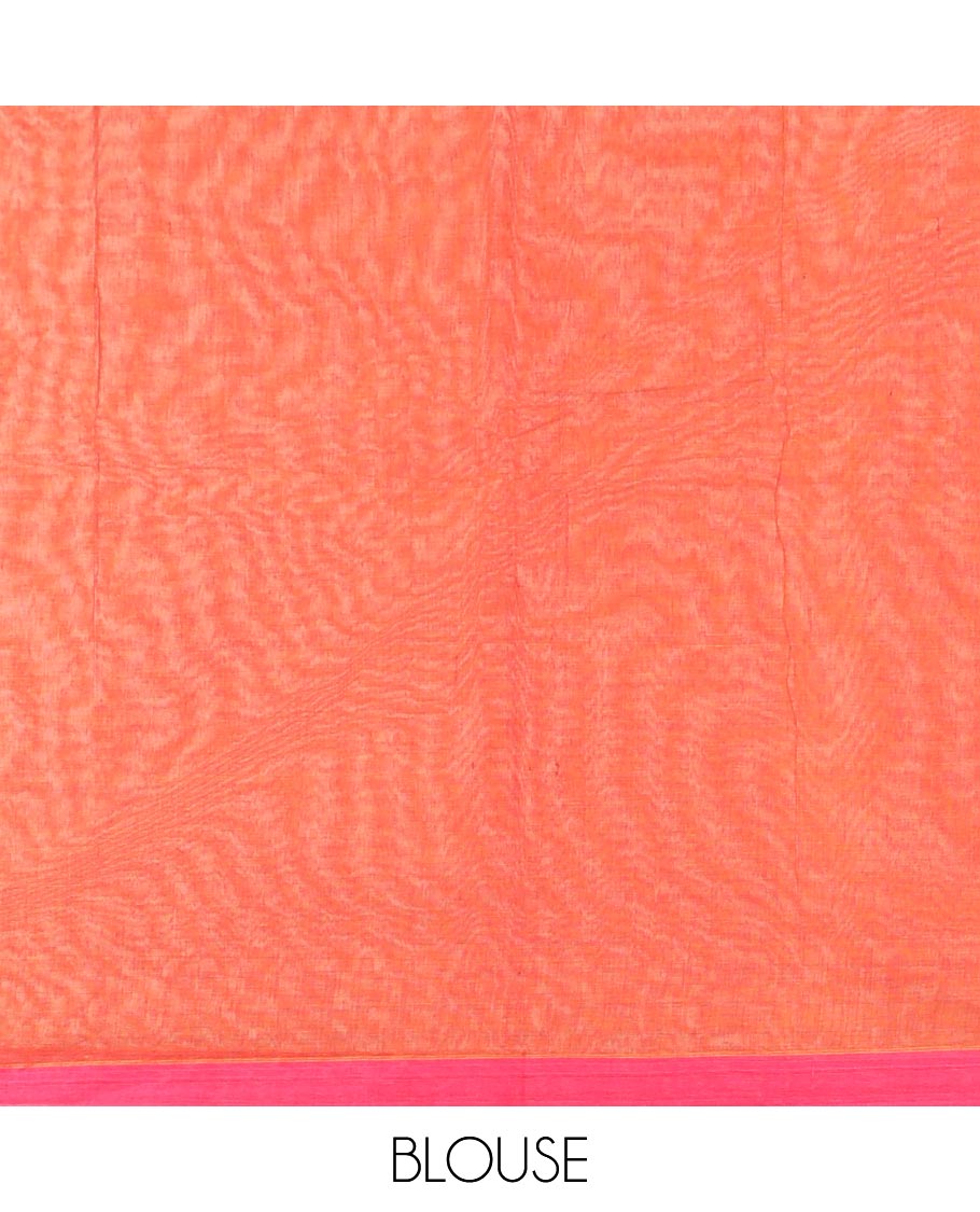 Orange checked Coimbatore cotton saree with buttas, contrast plain border & striped pallu