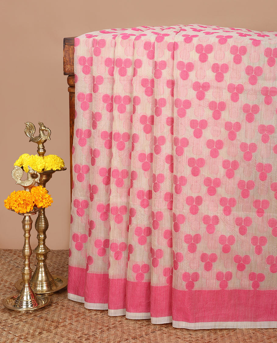 Cream with pink resam thread weaving design banaras kota saree with contrast bawanchi border & plain pallu along with plain blouse