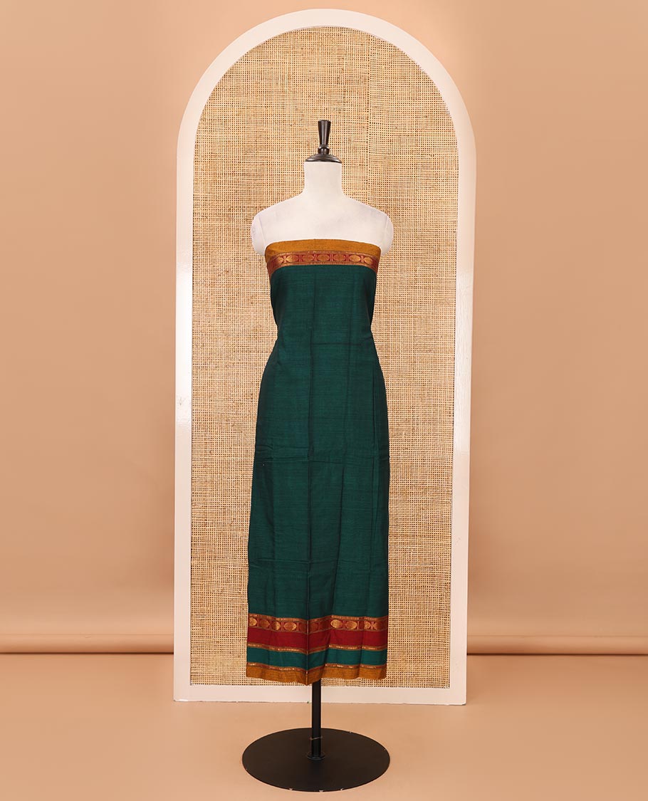 Green mercerized cotton material chudidar set,plain contrast traditional rudraksham border top,matching bottom & 2-sided rudraksham border dupatta