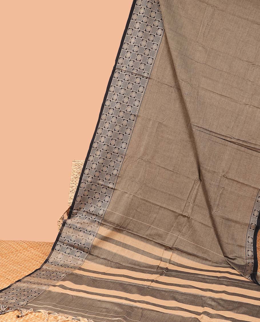 Grey plain design Narayanapet cotton saree, contrast chakram and bentex design border & striped pallu