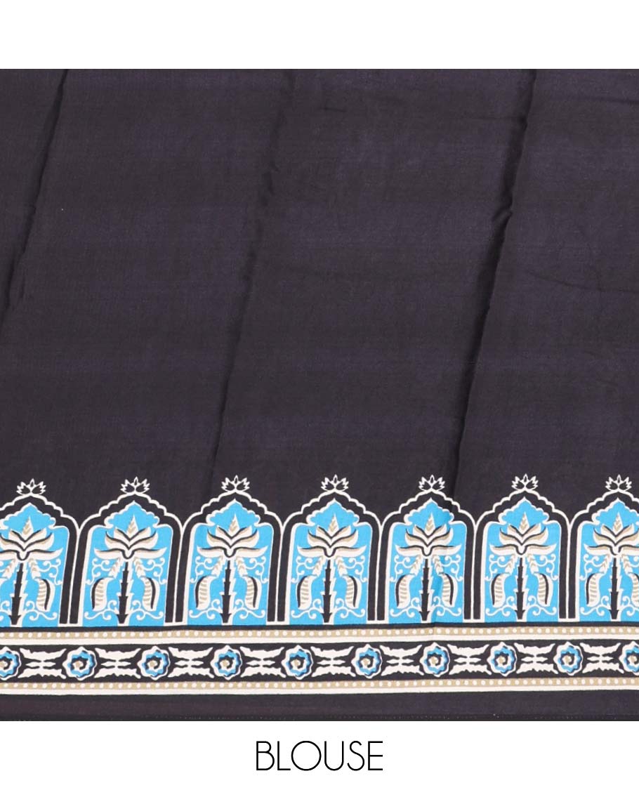 Pista green vertical stripes printed modal silk saree, contrast black temple printed border, ajrakh printed pallu & plain blouse