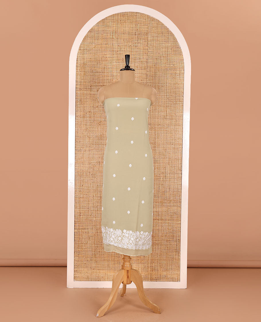 Green material chudidar set, floral thread embroidered georgette top, plain bottom, and floral motifs embroidered scallop georgette dupatta