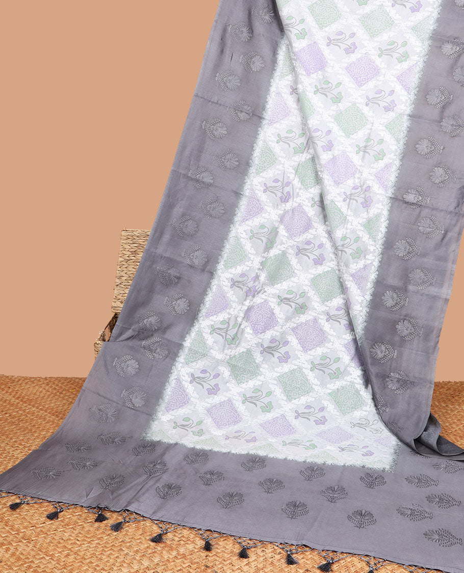 Grey checked, floral thread embroidery dupion saree with contrast floral embroidery border & floral thread embroidery pallu