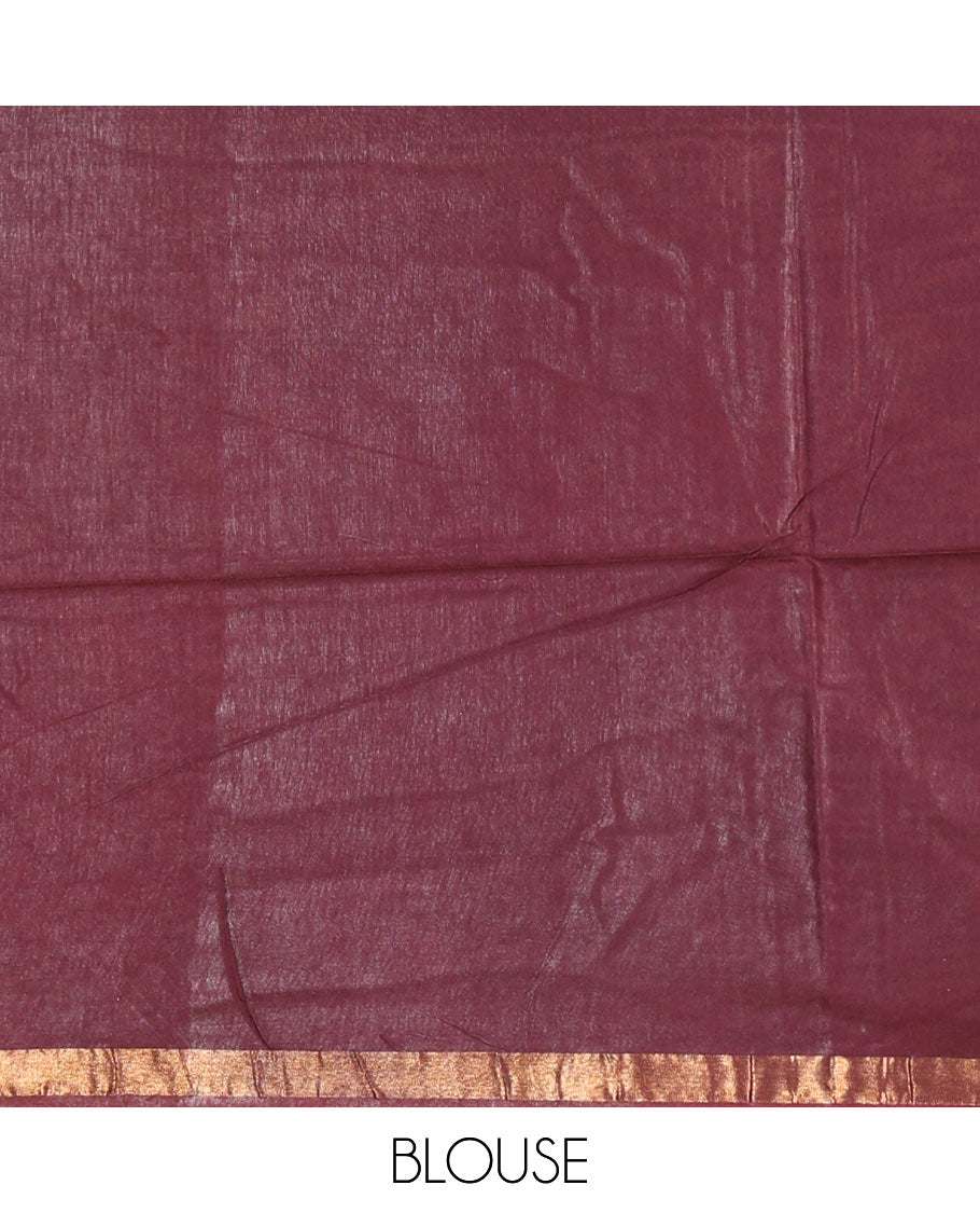 Wine floral design batik-printed Bhagalpur cotton saree, zari piping border, batik-printed pallu, and a plain blouse