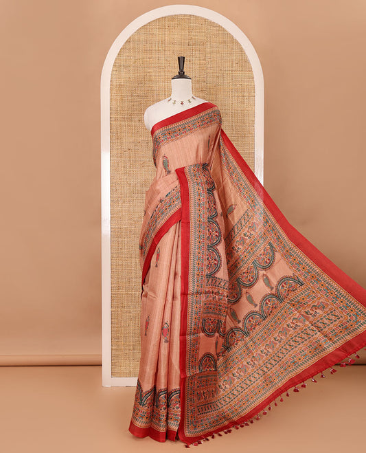 Light orange madhubani-style fish printed khadi cotton saree, floral printed border, madhubani printed pallu & contrast polka dots printed blouse