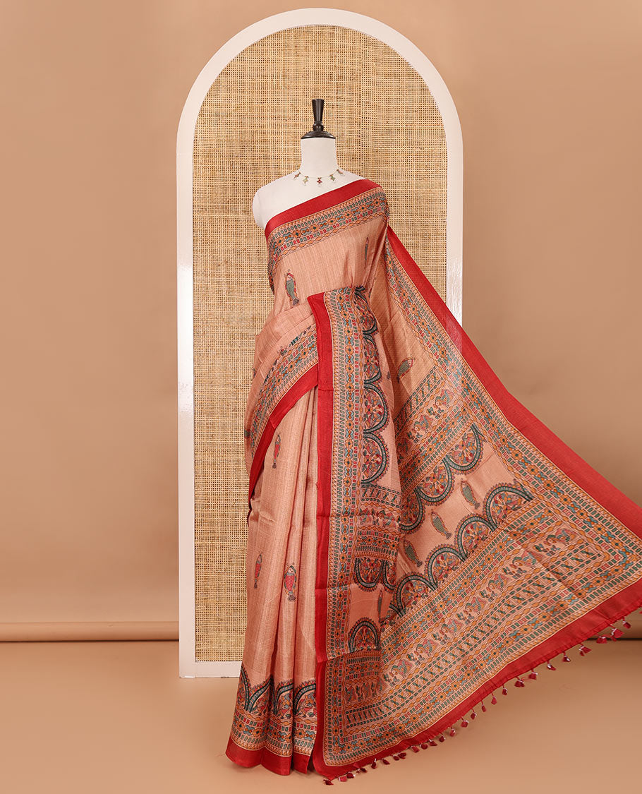 Light orange madhubani-style fish printed khadi cotton saree, floral printed border, madhubani printed pallu & contrast polka dots printed blouse