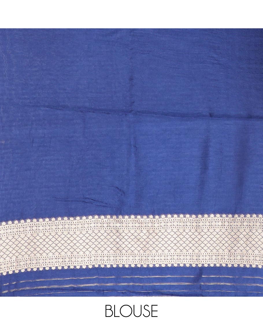 Blue geometric semi-banaras dola silk saree with self zari border & argyle pattern, geometric design pallu