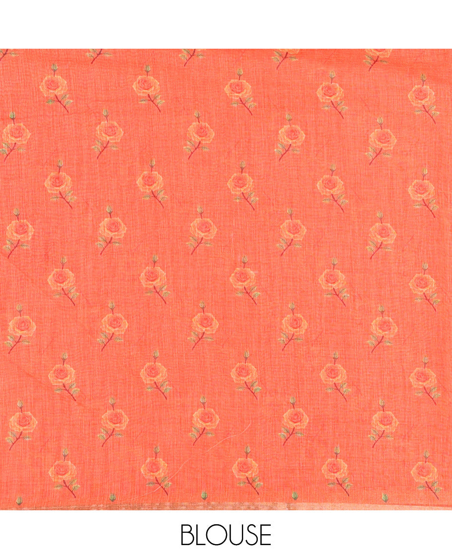 Orange Linen Cotton Saree, Decked up with Micro-Checks and Floral Motifs on Its Body, Subtle Piping Border, a Self-Pallu, and Paired with a Rose Floral Printed Blouse