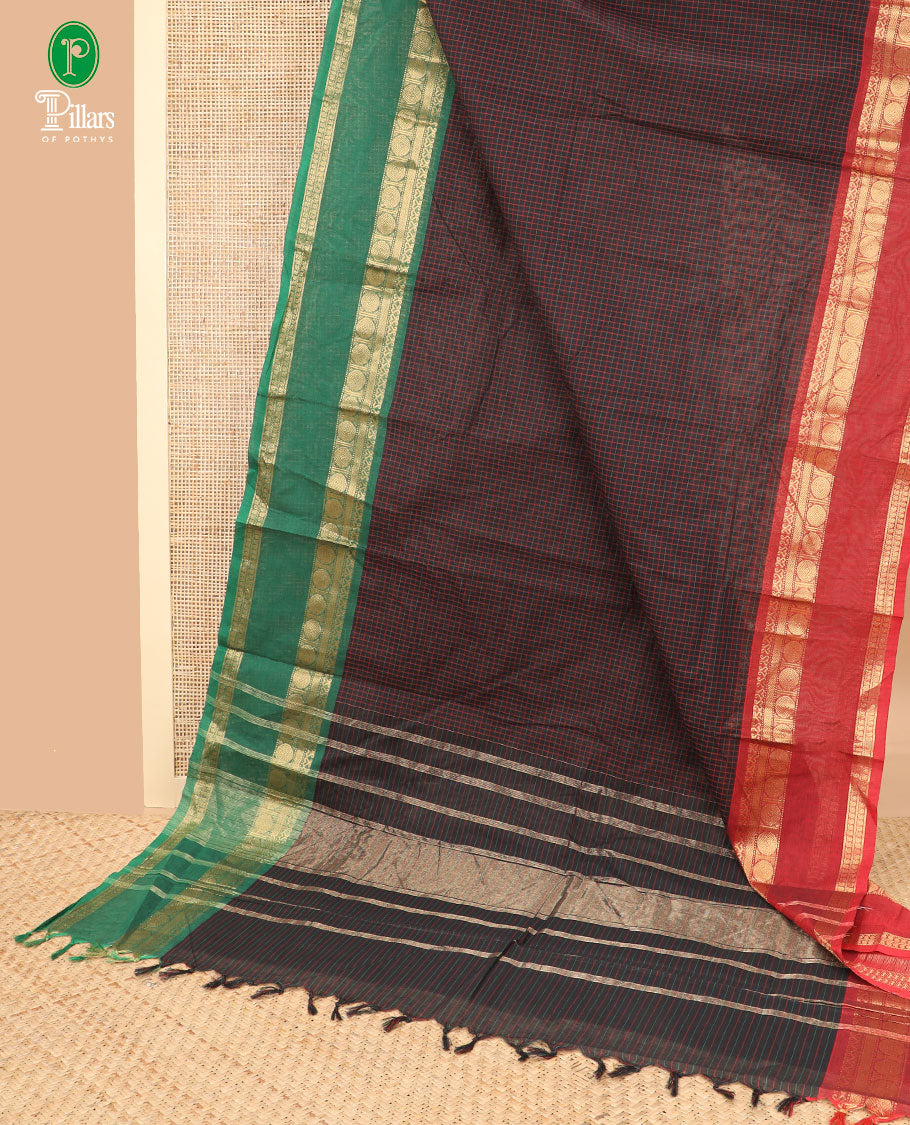 Black checked design chettinad cotton saree with contrast rettai pettu traditinal border & lining chit pallu along with self blouse