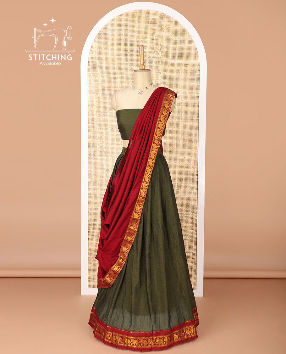 Mehendi green mercerised cotton daman zari border half saree with cotton blouse & skya georgette one side zari border dhavani