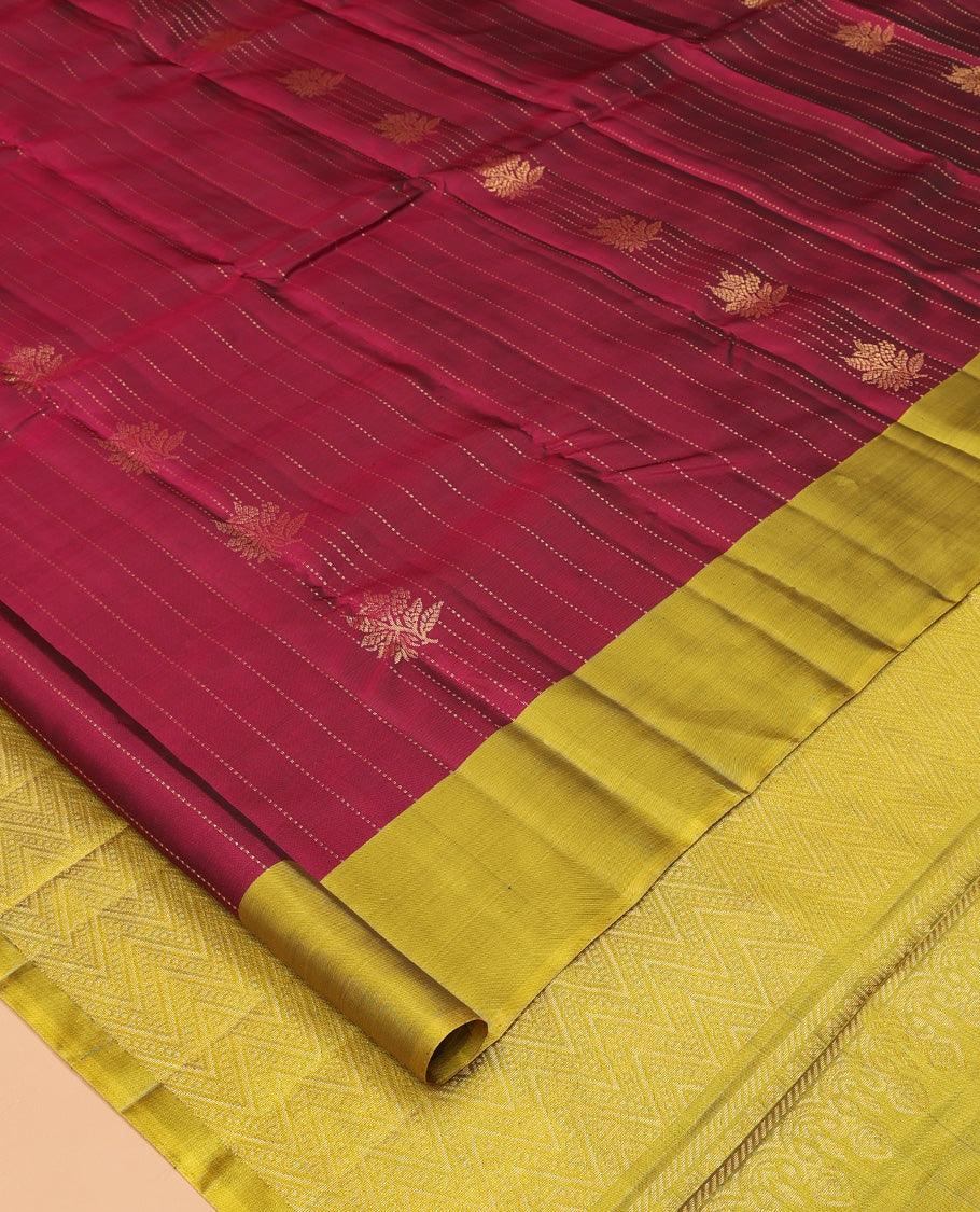 Red Mayuri Lite Silk Mix Saree, Gleamed Up with Zari Buttas and Stripes, Contrast Border, Chevron Striped Pallu, and a Contrast Blouse
