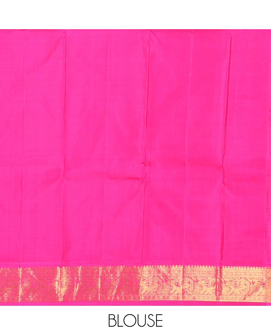 Green plain Kanchipuram korvai silk saree, contrast neer korvai border of thilakam mokku, kathir, poun, and mayil kann designs, and jaal pallu