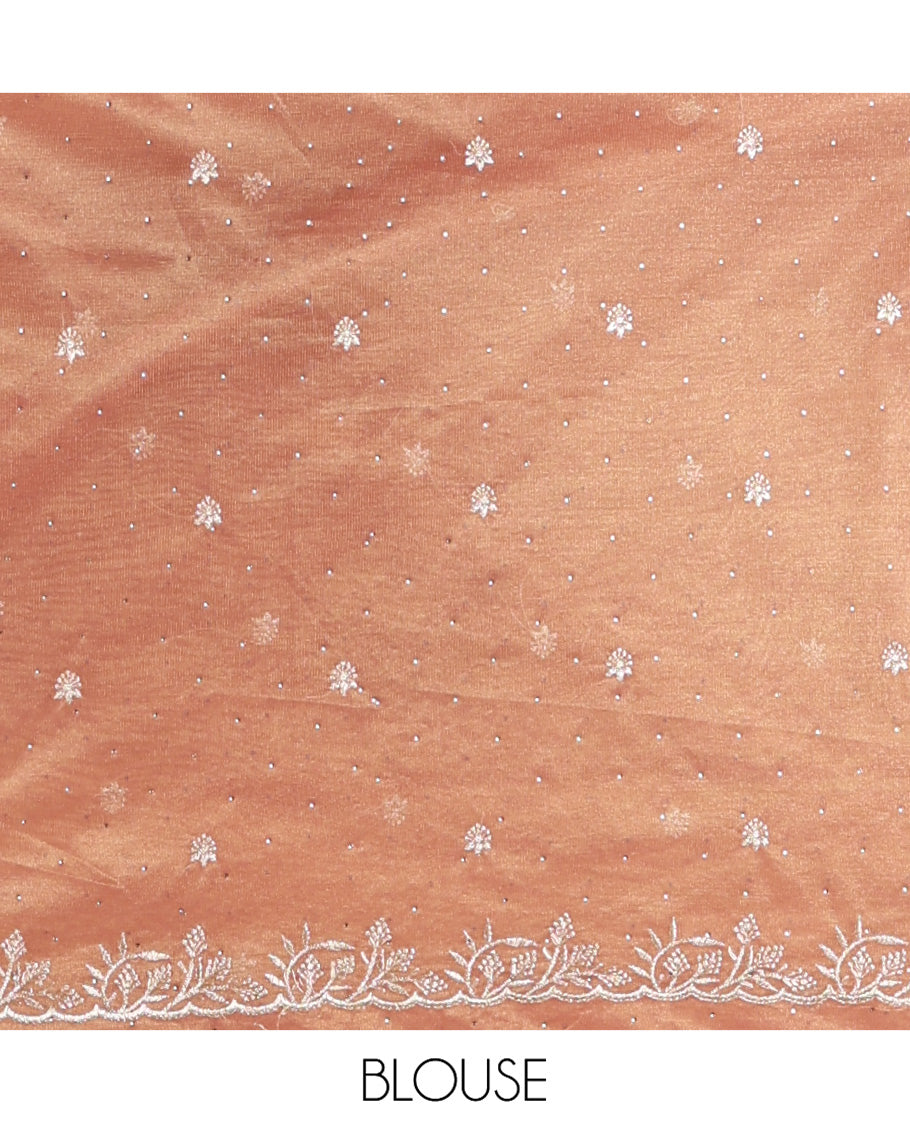 Onion Pink Twill Net Saree, Gleamed Up with Stone Work, Highlighted by a Scallop Embroidered Border, and Paired with a Matching Blouse