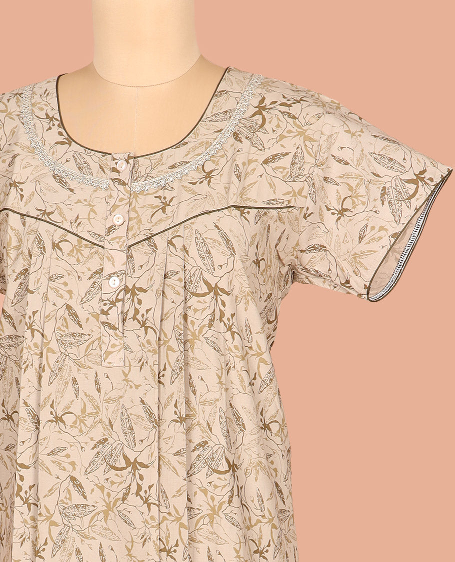 Light Fawn Color Cotton Nighty Embellished with Floral Vine Design Print, Featuring Lace Work, Round Front Neck, and Half-Sleeves