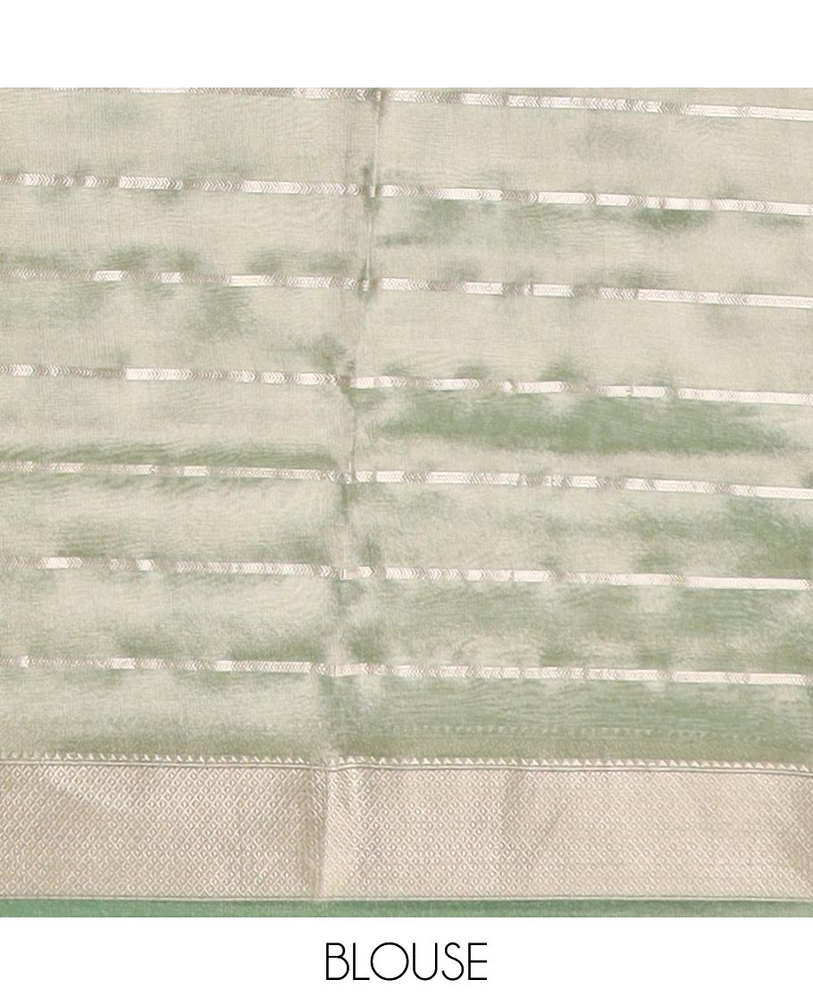 Green striped semi tissue saree with contrast zari border & zari design pallu