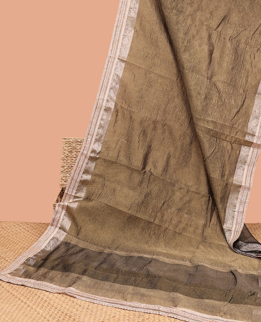 Olive green crush tissue saree with self intricate zari design border & striped pallu