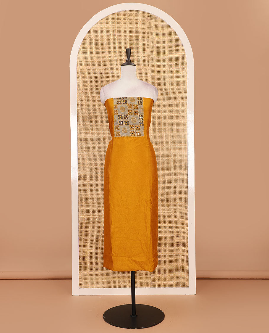 Mustard Vichitra silk material chudidar set, brasso print & mirror embroidered neck work top, santoon bottom & four-petal floral motifs printed dupatta