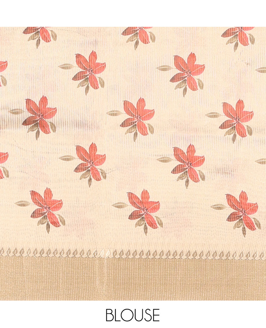 Gold Tissue Saree, Vibrantly Printed with Floral Designs All Over Its Body, Subtle Zari Border, Pallu of the Same Floral Print, and Paired with a Matching Printed Blouse