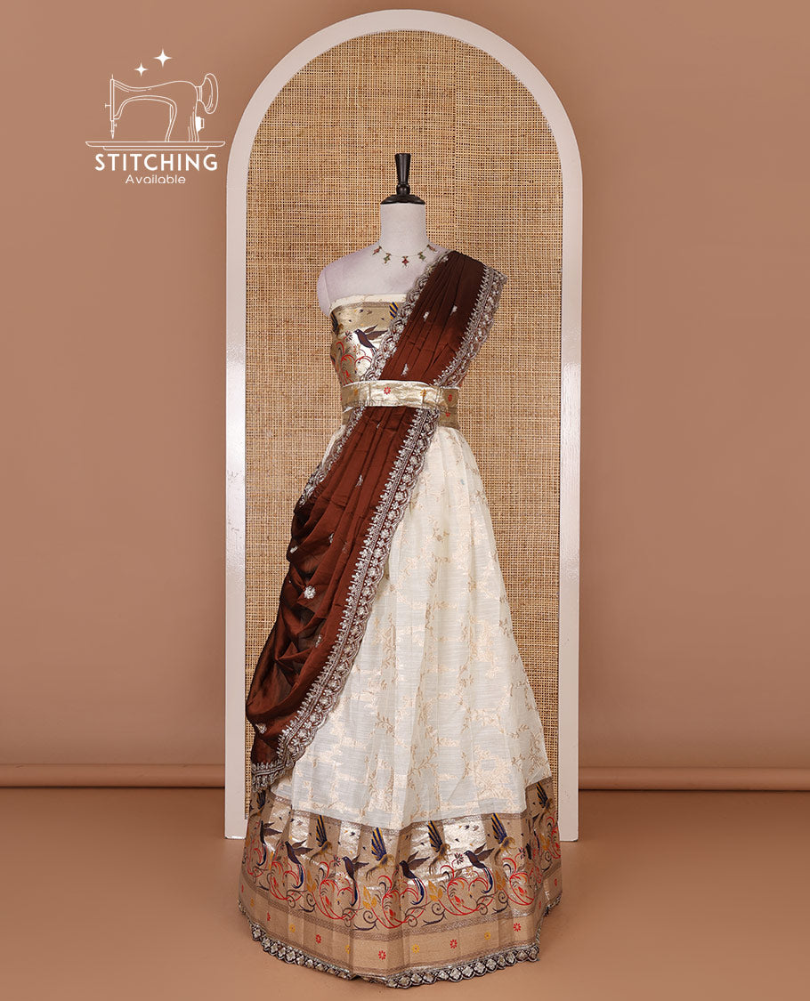 Cream banaras halfsaree, jaal jacquard skirt, contrast wine paithani border, matching blouse, and Syska georgette embroidered dhavani