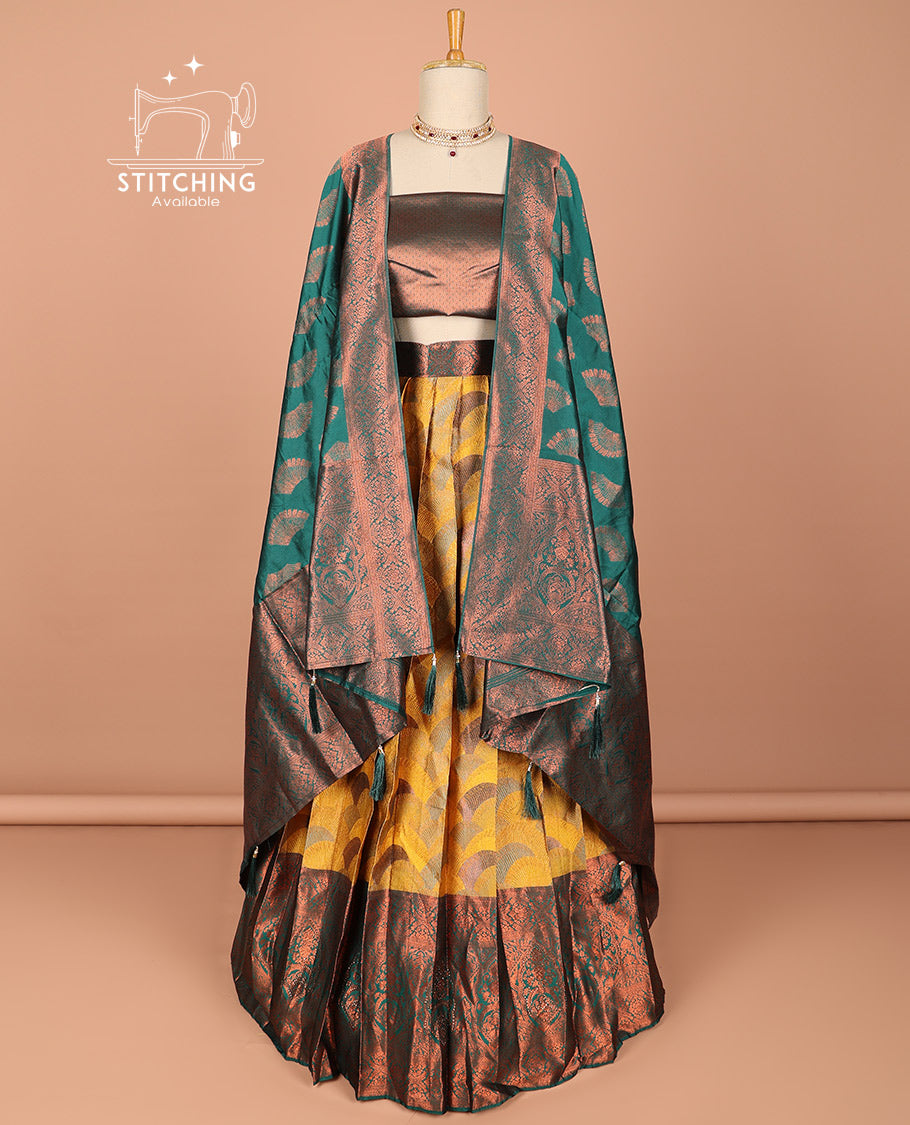 Gold floral buttas half saree with contrast zari border, zari design blouse & floral zari design dhavani