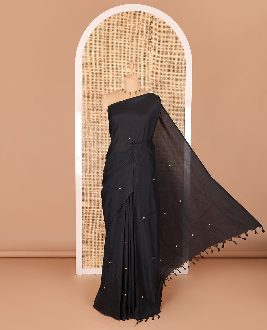 Borderless black mirror embroidered South cotton saree with a matching blouse and a kalamkari paisley vine printed blouse