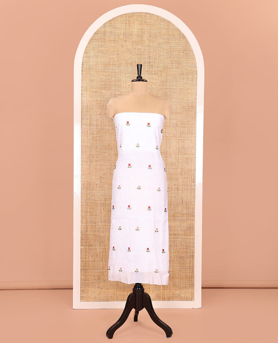 White Material Churidar Set, Flower Motifs Embroidered Mul Chanderi Top, Comes with a Plain Santoon Bottom, and a Scallop Floral Motifs Embroidered Mul Chanderi Dupatta