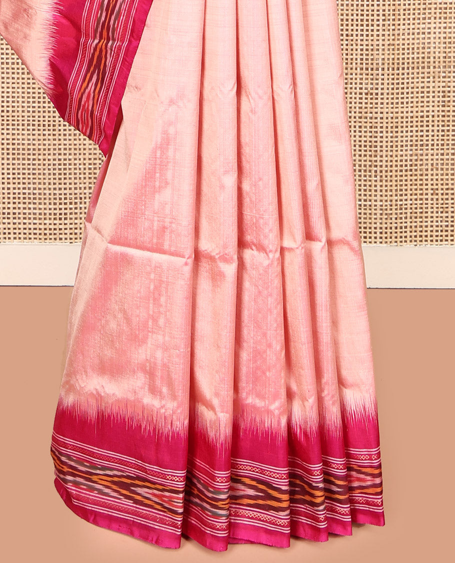 Pink Plain Pochampally Ikat Silk Saree, Complemented by a Contrast Ikat Textured Border, Ikat Pallu, and No Blouse