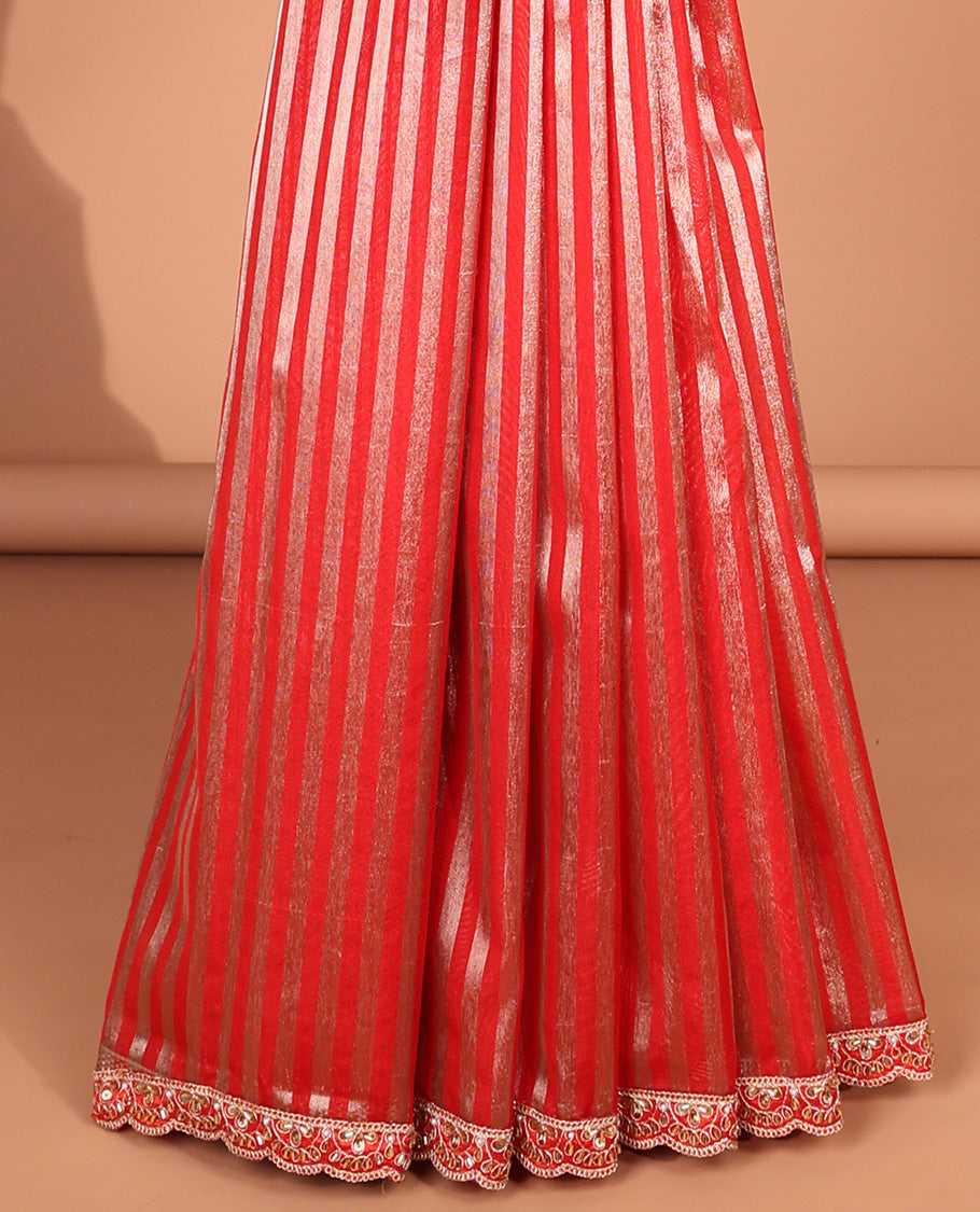 Red striped organza saree with floral embroidery scallop border & checked pallu
