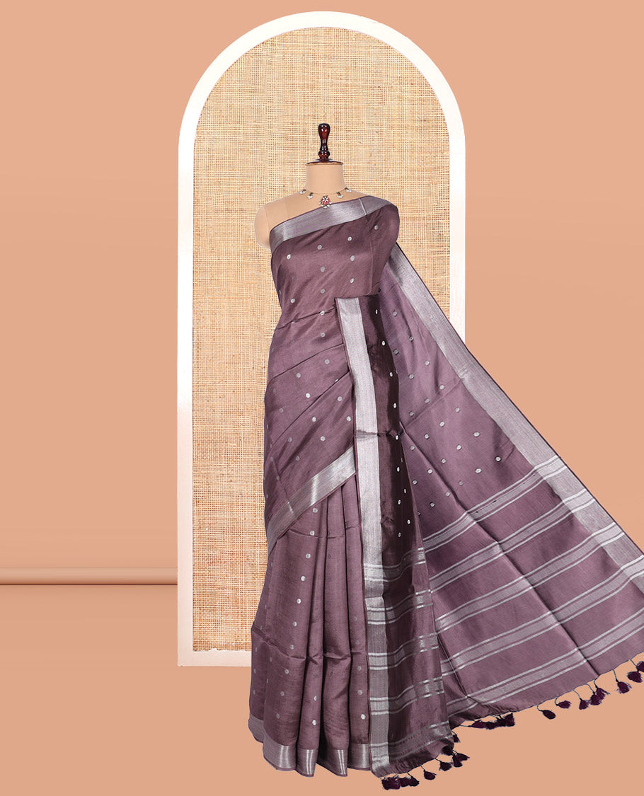 Brown Banana Pith Saree, Adorned with Buttas, a Zari Border, Striped Pallu, and Matching Blouse